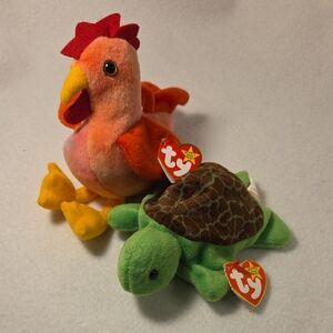 Speedy Turtle + Doodle Rooster Rare Pair Vintage Ty Beanie Babies Tag Errors